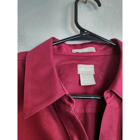 Chico's Women Maroon Red "No Iron" 100% Cotton Button Up Blouse size 2 or 12/14, - Picture 4 of 7